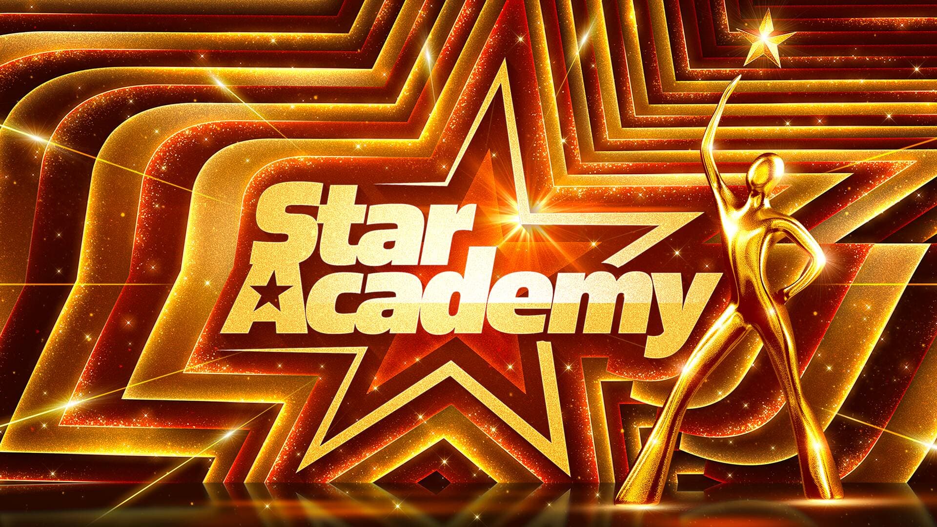 Gold Star Academy logo in front of a large glowing star, next to the golden Star Academy statuette